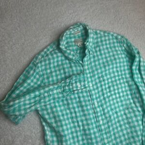 J.crew men's green white gingham check Irish linen slim untucked fit button up M
